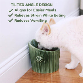 Cactus Elevated Ceramic Pet Bowls Tilted for Cats and Small Dogs Single Branch-Green