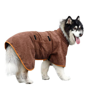 Dog Bathrobe Microfibre Fast Drying Towel Adjustable Collar Waist-Coffee