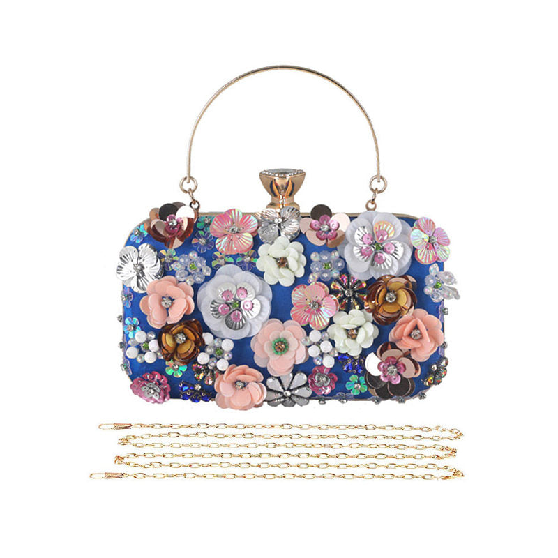 Colorful Floral Clutch Evening Bags for Women Beaded Purse Prom Handbag-Blue