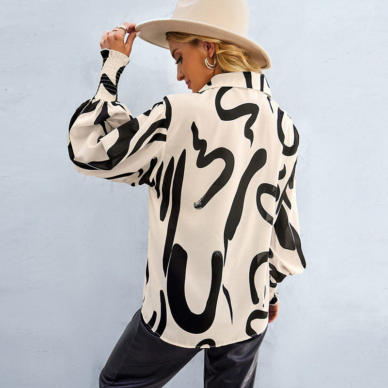 Printed Blouses for Women Button Down Long Sleeve Shirts Loose Fit Tops-Apricot