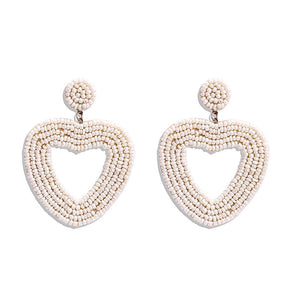 Heart Hoop Dangle Beaded Earrings-White