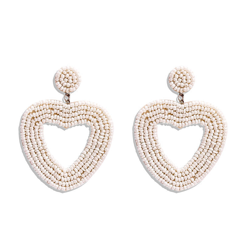 Heart Hoop Dangle Beaded Earrings-White