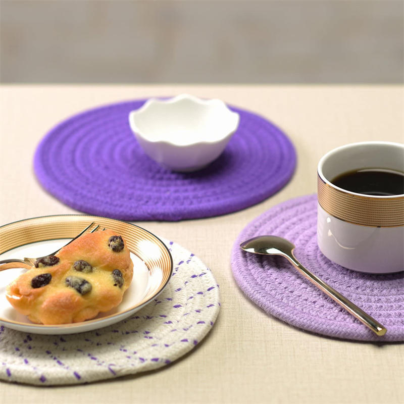 3 Pcs Potholders Colorful Cotton Thread Weave Stylish Coasters Heat Insulation Table Mat by Diameter 18CM-Purple