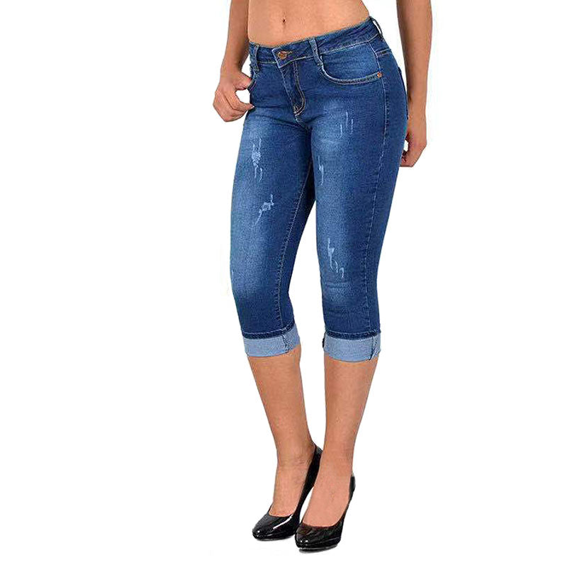 Womens Denim Capri Pants Skinny Slim Fit Casual Jeans-Blue