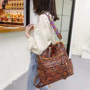 Fashion Backpack Multipurpose Print Leather Travel Shoulder Bag-Brown Snake Pattern