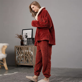 Womens Coral Fleece Oversized Pajamas Set-Red