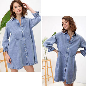 Denim Shirt Dress for Fall Lantern Sleeve Vintage Loose Babydoll-LightBlue