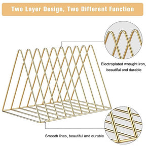 Files Folder Stand Desktop File Organizer Triangle Wire Magazine Holder Book Shelf 9 Slot File Sorter for Indoor Office Home -Gold