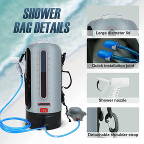 Portable 12L Solar Camping Shower Bag with Water Pump and Shower Head Hose