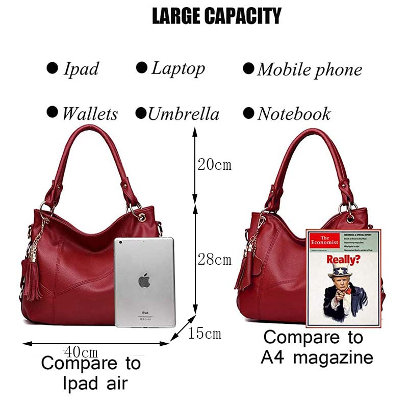 Women PU Leather Handbag Large Capacity Satchel With Shoulder Strap-Wine Red