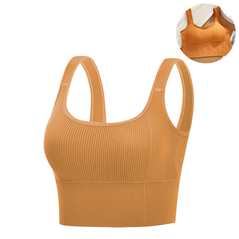 Crop Ribbed Tank Tops Solid Breathable Sports Bra Padded-Yellow