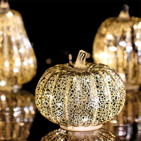 3Pcs Mercury Glass Pumpkin Light with Timer for Halloween Decor-Gold