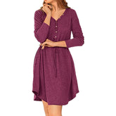 Ladies Casual V Neck Button Long Sleeve Tunic Dress-WineRed