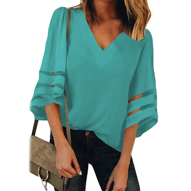 Womens V Neck 3/4 Sleeve Blouse Mesh Panel Shirt Solid Flowy Loose Top-504