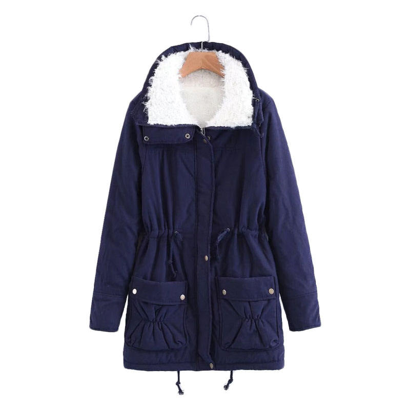 Women's Mid Length Winter Coat Thickened Warm Lamb Wool Lined Jacket-Navy Blue