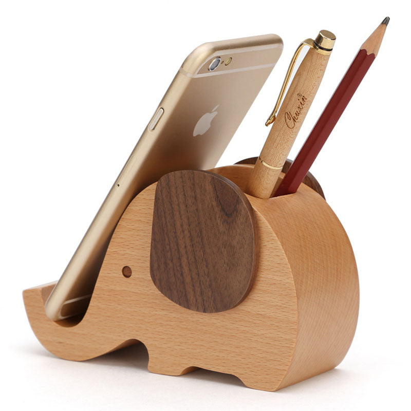 Elephant Wooden Pen Cup Pencil Holder for Desk Decor Desk Organizer with Cell Phone Stand