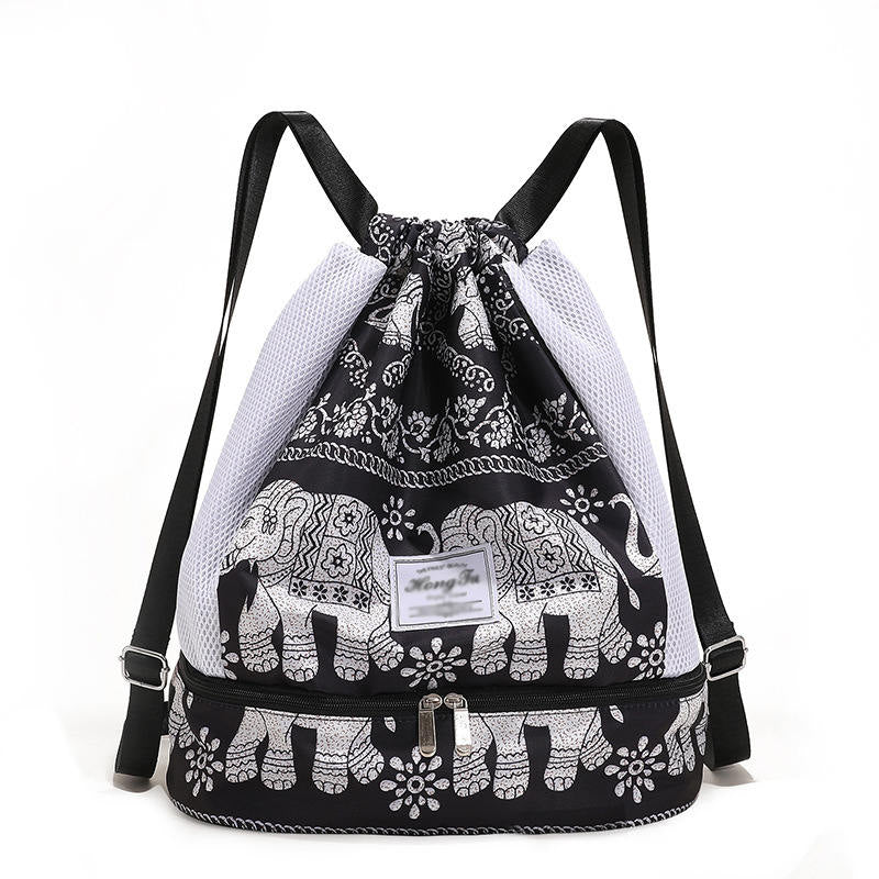 Womens Drawstring Bag Large Wet and Dry Separation Backpack-Elephant