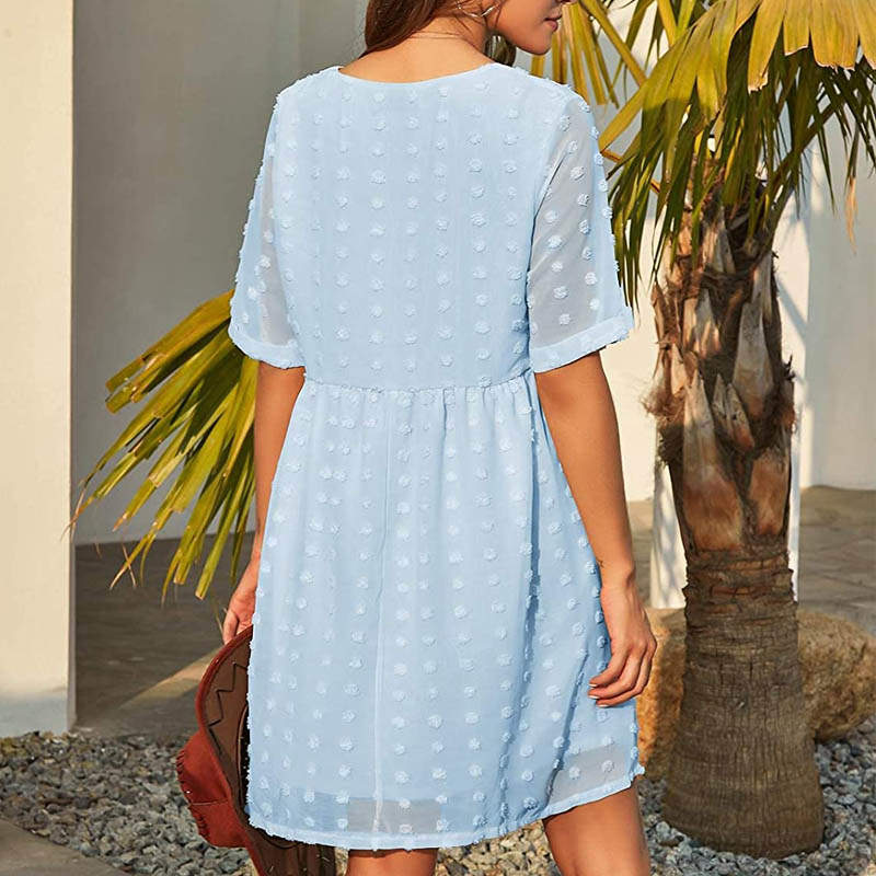 Womens Summer Short Sleeve V-neck Dress Swiss Dot A Line Dresses-LightBlue