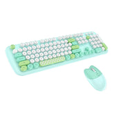 Wireless Keyboard and Mouse Combo Cute Cat Colorful Round Keys for Computer-Green