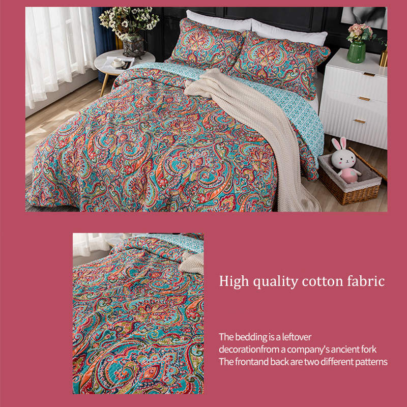 3Pcs Cotton Bedspread Quilt Sets Reversible Patchwork Boho Floral Pattern