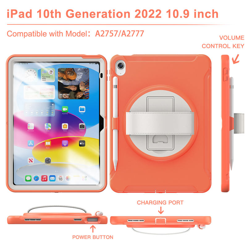 Tablet Case For iPad 10th with 360¡ã Kickstand/Hand Strap Shockproof-Orange