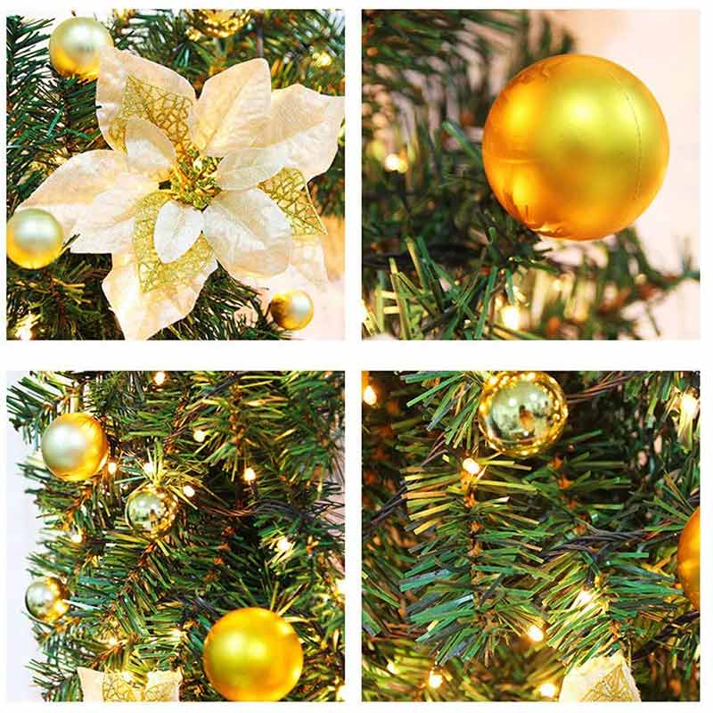 2.7M Christmas Garland with Lights Rattan Artificial Garland Green for Indoor Home Fireplace Stair Decorations-Gold