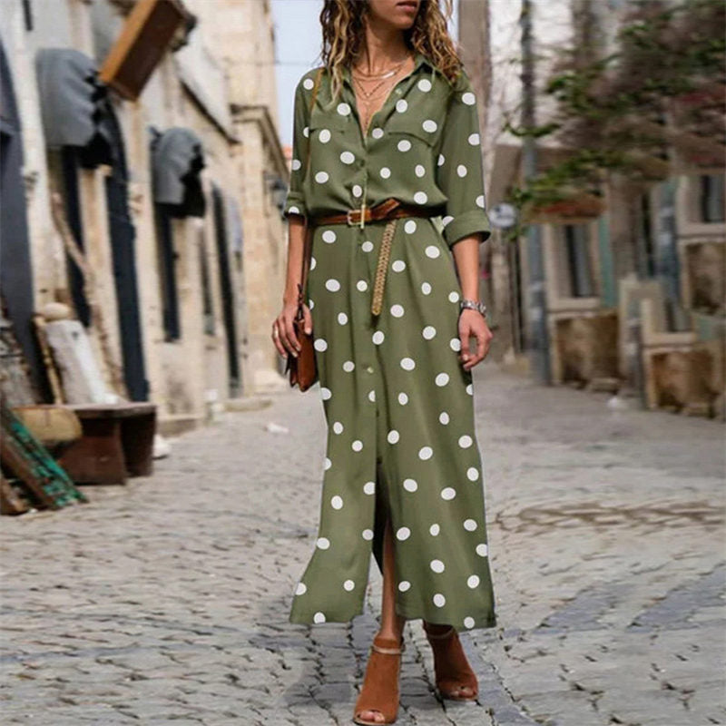 Ladies Polka Dot Long Sleeve Vertical Collar Shirt Dress-ArmyGreen