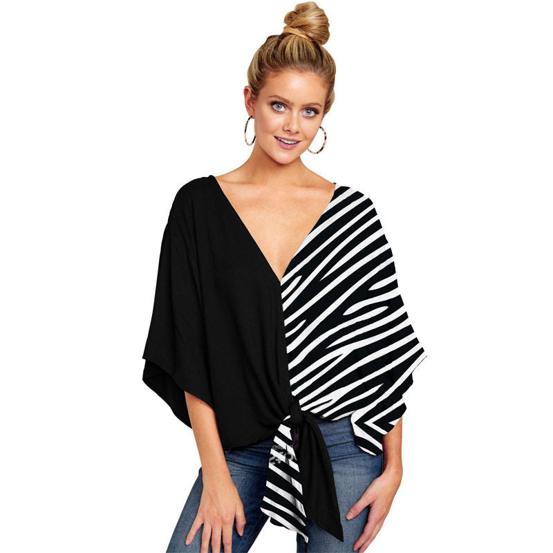 Boho Womens Blouse V Neck Tie Knot 3/4 Sleeve Summer Casual Tops-Stripe