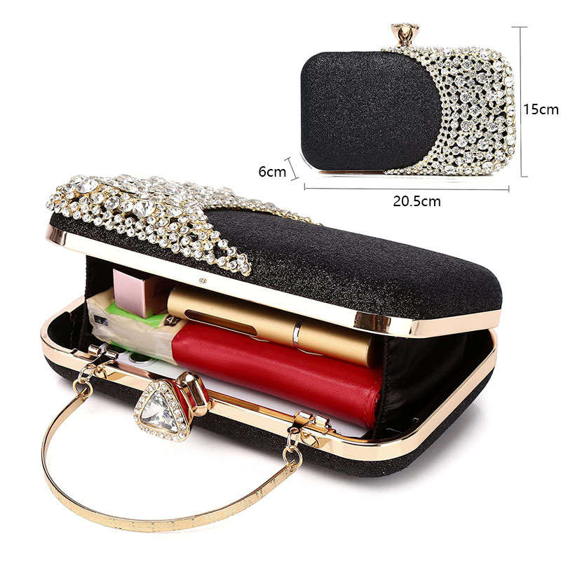 Womens Crystal Evening Clutch Bag Wedding Purse Party Bag-Black