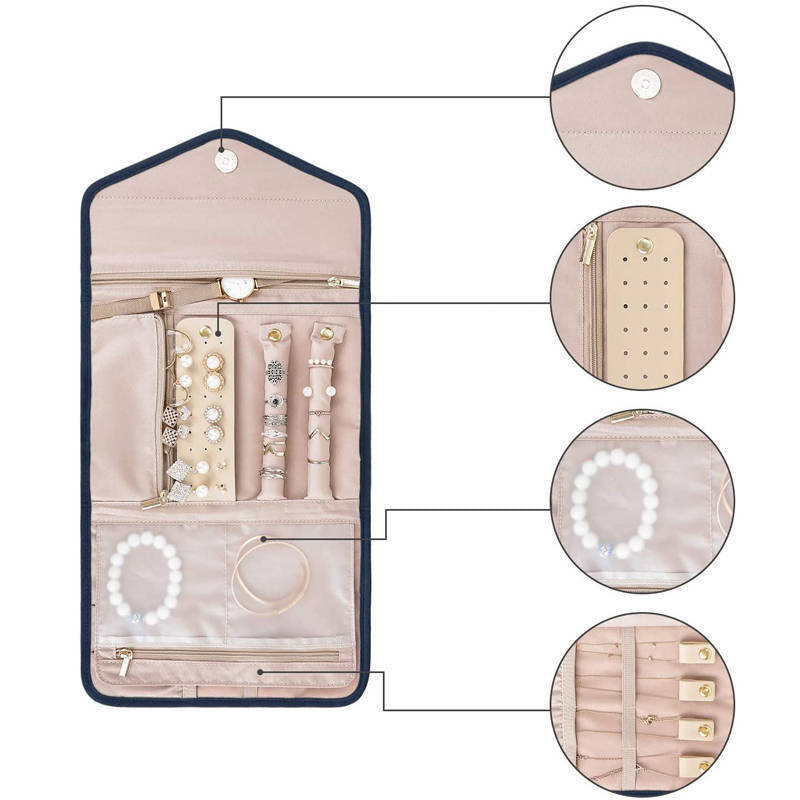 Home & LivingTravel Jewelry Organizer Roll Foldable Jewelry Case for Rings Necklaces - Navy Blue