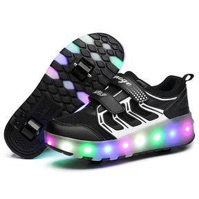 Kids Two Wheels Sneakers with Lights Rechargeable Roller Skates Shoes for Boys Girls-Black