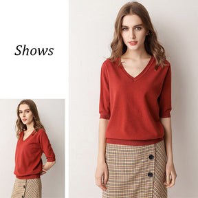 Womens V Neck Sweaters Soft Tops Knit Casual Solid Pullover-Red