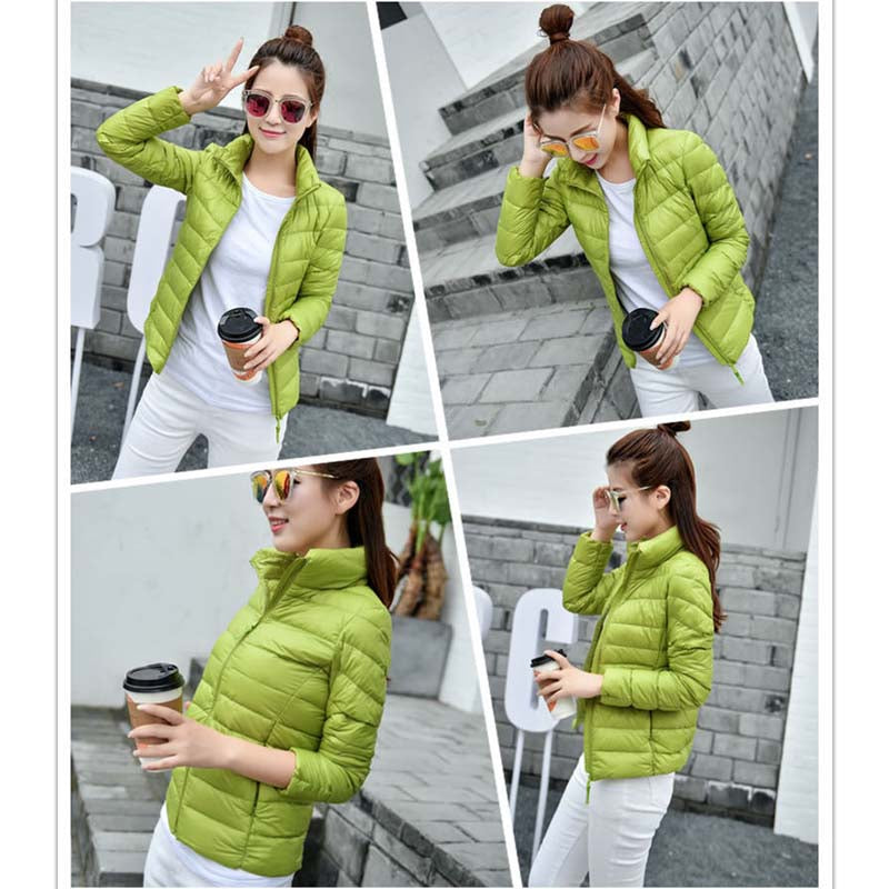 Lookbook Womens Lightweight Puffer Jacket Winter Stand Collar Short Coat-Green