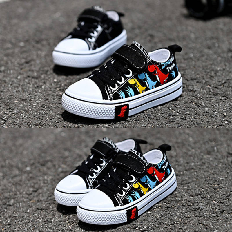 Toddler-Unisex Canvas Sneakers Cartoon Dinasour Slip on Shoes-Black