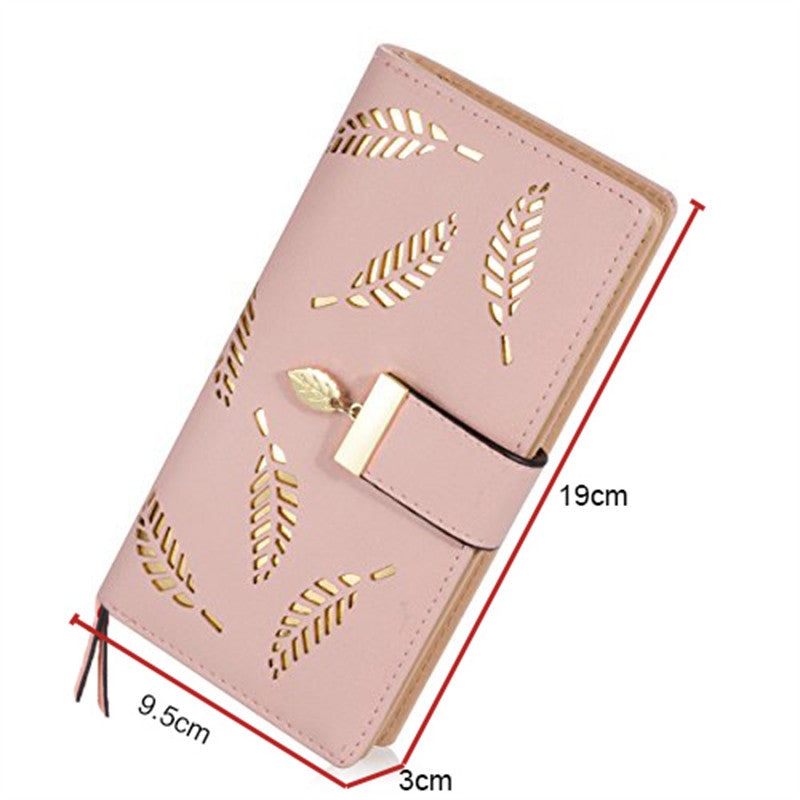 Womens Long Leaf Bifold Wallet Leather Zipper Buckle Elegant Clutch-Pink