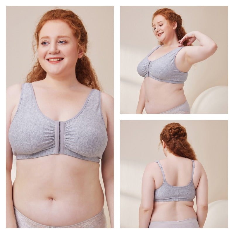 Womens Cotton Bra Front Closure Adjustable Wireless Underwear-Grey