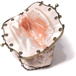 Womens Beaded Party Clutch Vintage Rose Purse-Champagne