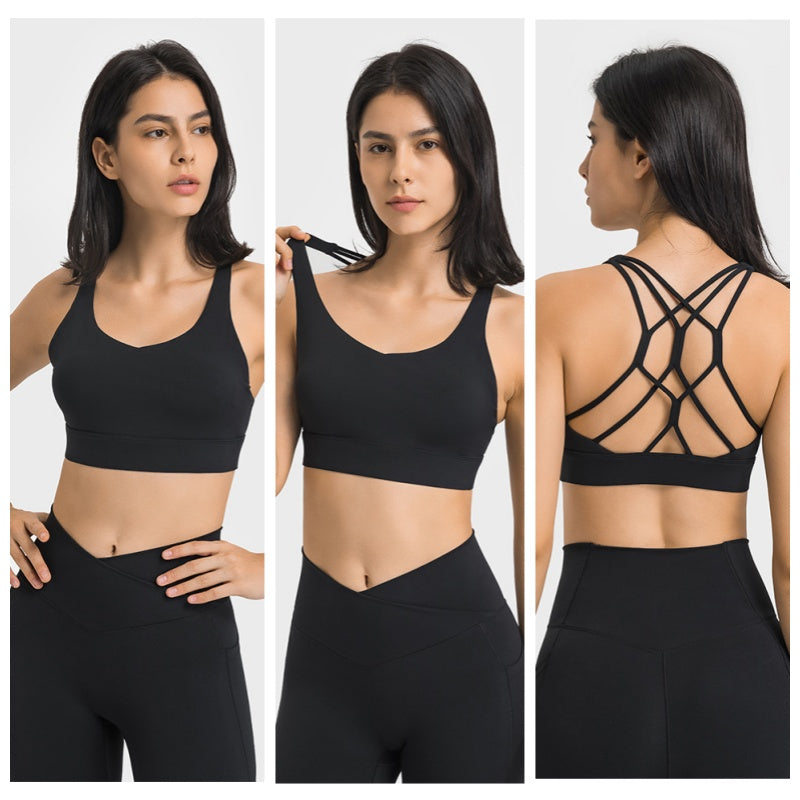 Strappy Sports Bra Breathable Wirefree Crop Basic Tops for Running-Black