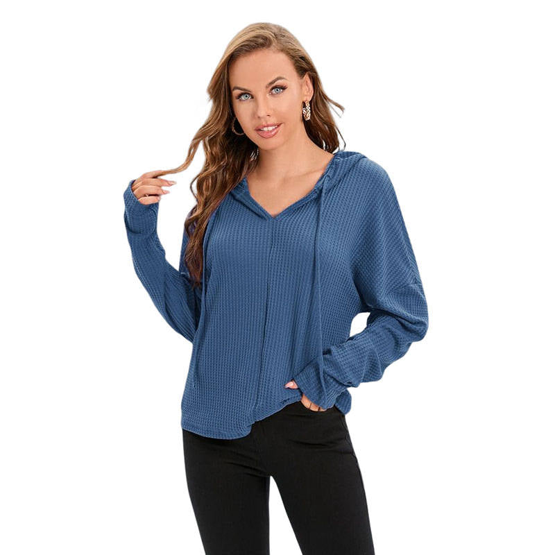 Women Casual Long Sleeve Solid Hooded Drawstring knit Jacket-Blue