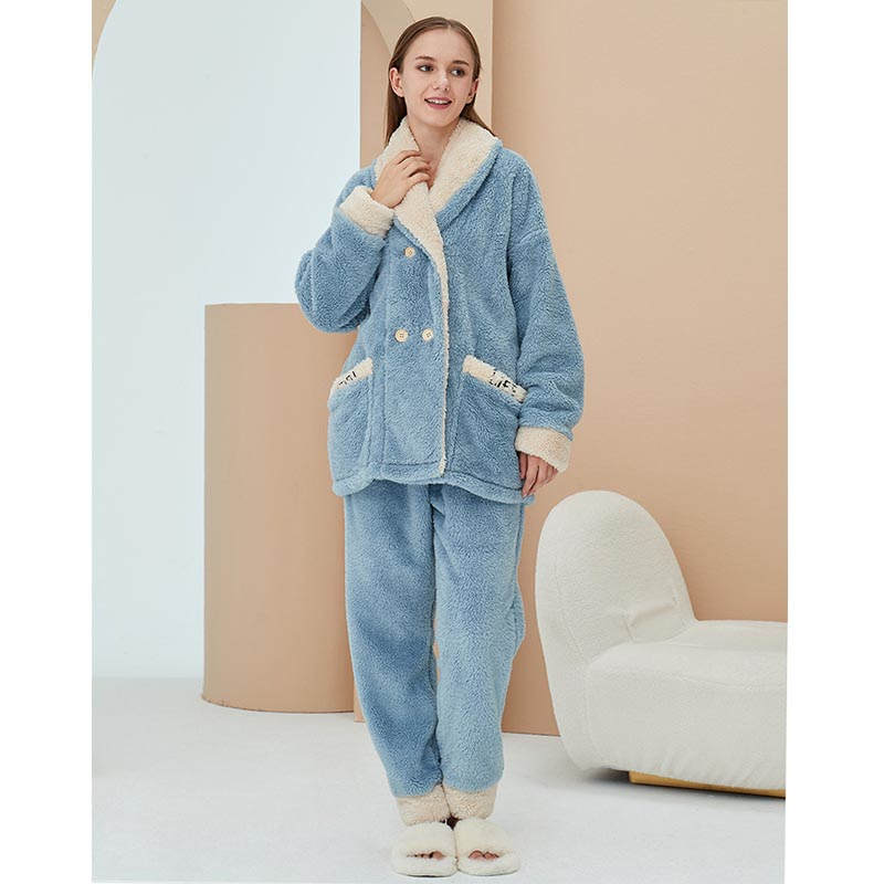 Womens Plush Pajamas Cardigan Set Loungewear-Haze Blue