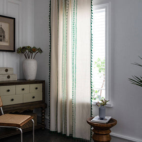 2 Panels Cotton Linen Semi Blackout Grommet Curtains with Tassels-3Green