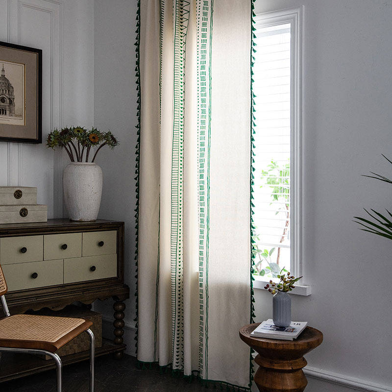 2 Panels Cotton Linen Semi Blackout Grommet Curtains with Tassels-3Green