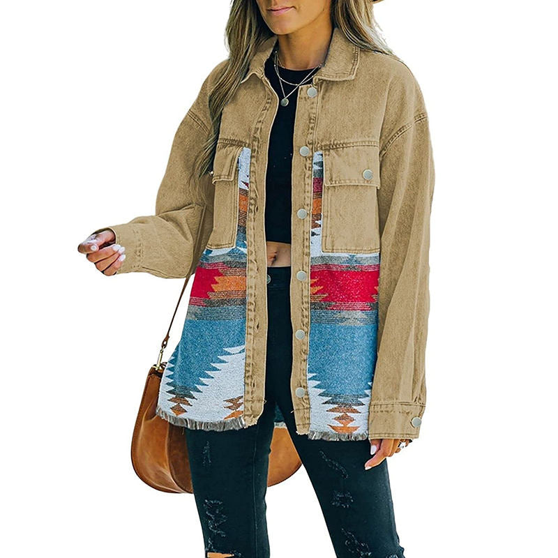 Aztec Denim Jacket for Women Distressed Lapel Long Sleeve Coat-Khaki