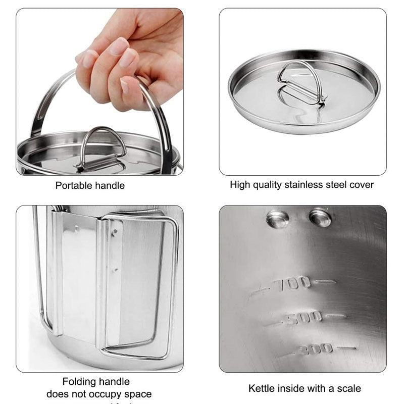 1.2L Portable Stainless Steel Kettle with Lid for Camping