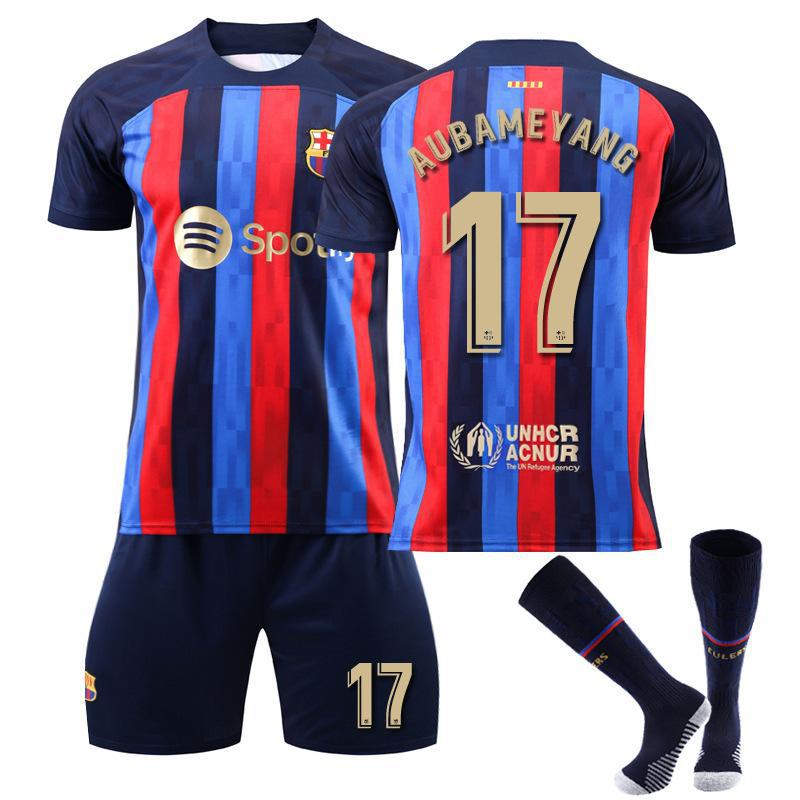 FC Barcelona Home Jersey 2022-23 AUBAMEYANG #17 Soccer Jersey Kids Adult 3-Pieces Jersey Kits