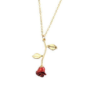 Womens Personalized Red Rose Pendant Necklace-Gold