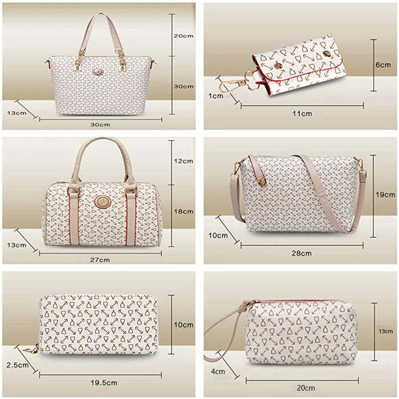 6 Pcs Women Handbag Set PU Leather Multi purpose Shoulder Bag-White