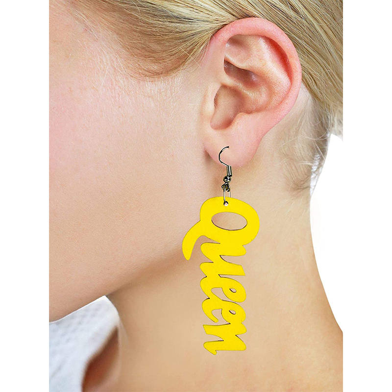 Queen Wood Dangle Pierced Earrings-Yellow