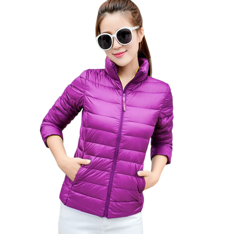 Lookbook Womens Lightweight Puffer Jacket Winter Stand Collar Short Coat-Purple