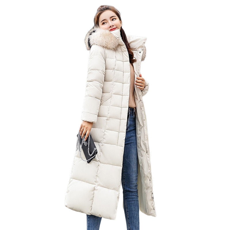 Women Warm Down Jacket with Hood Fur Long Puffer Coat-White